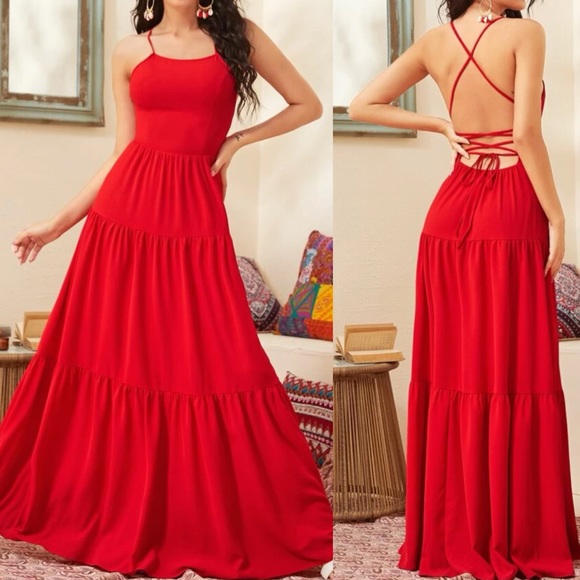 Dresses & Skirts - Red lace up back ruffle hem cami maxi dress